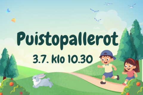 Piirretty kuva puistosta jossa lapset leikkii
